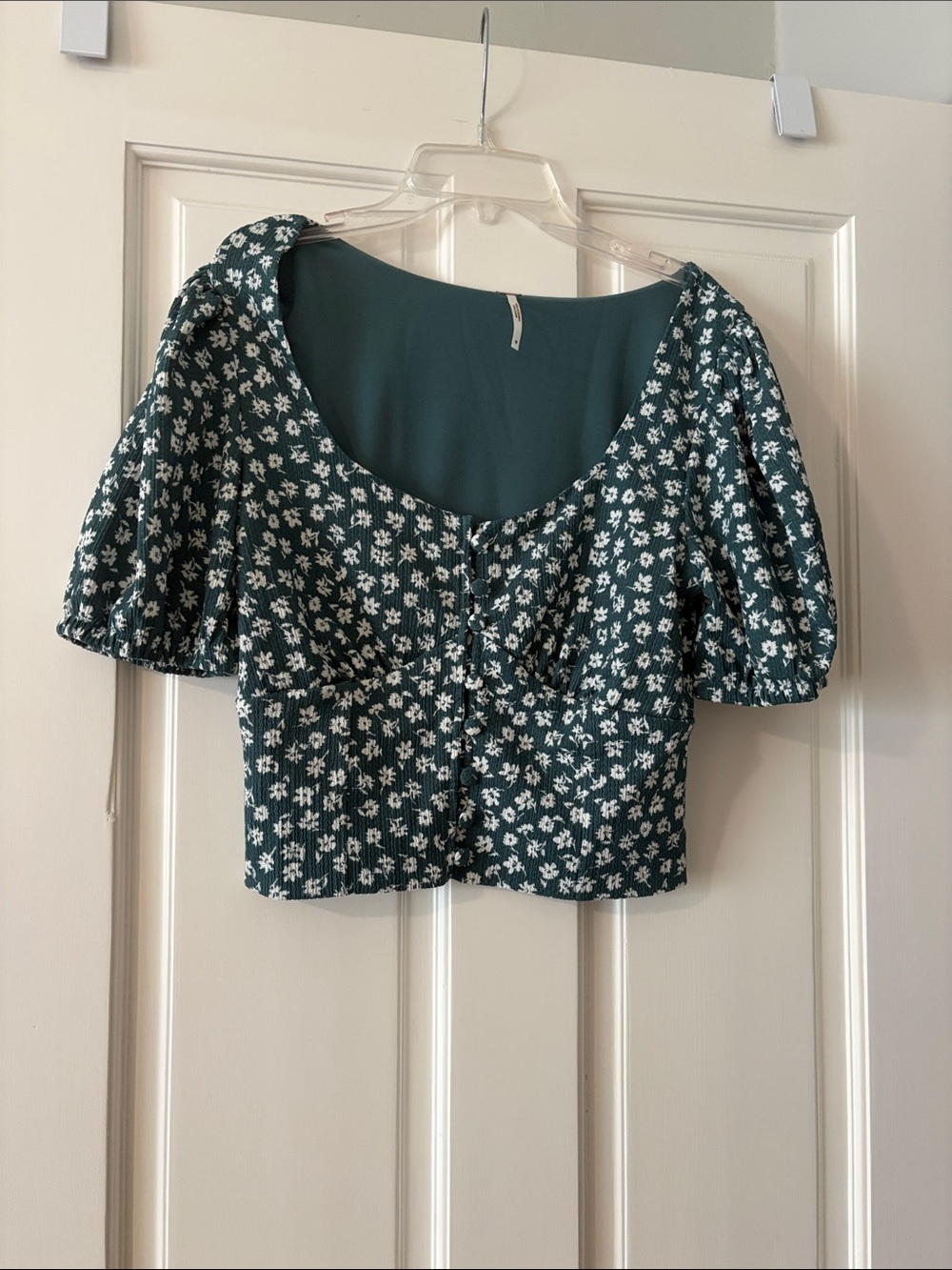Free People Teal Green Floral Puff-Sleeve Cropped Blouse